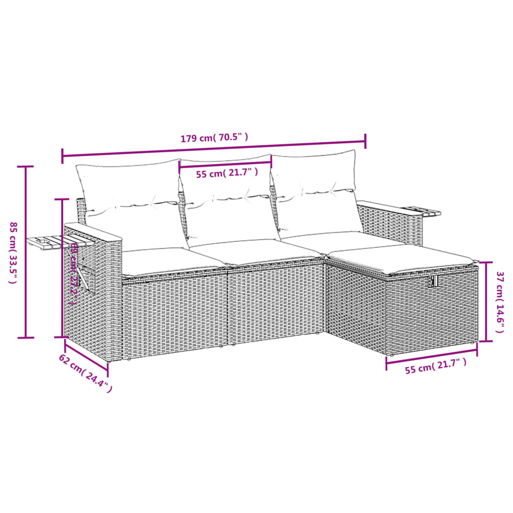 4-tlg. Garten-Sofagarnitur mit Kissen Grau Poly Rattan