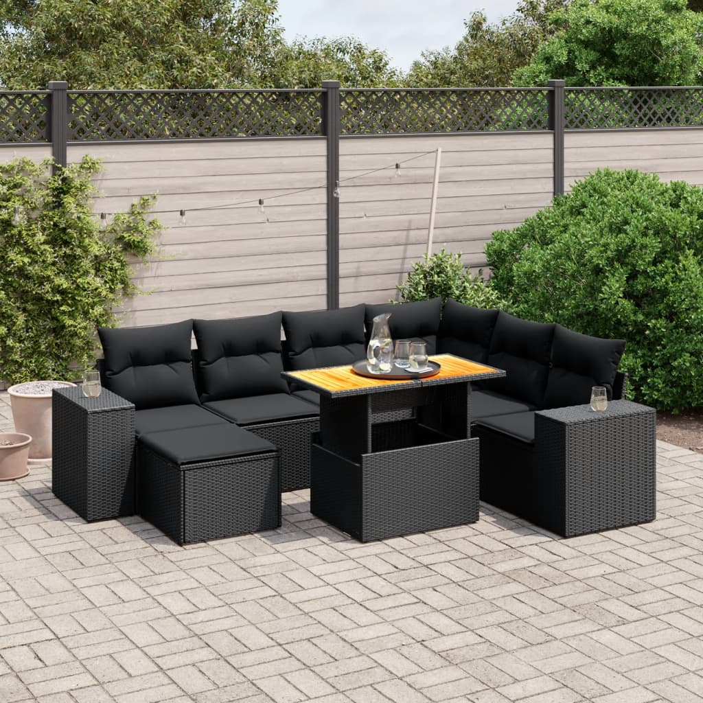 8-tlg. Garten-Sofagarnitur mit Kissen Schwarz Poly Rattan