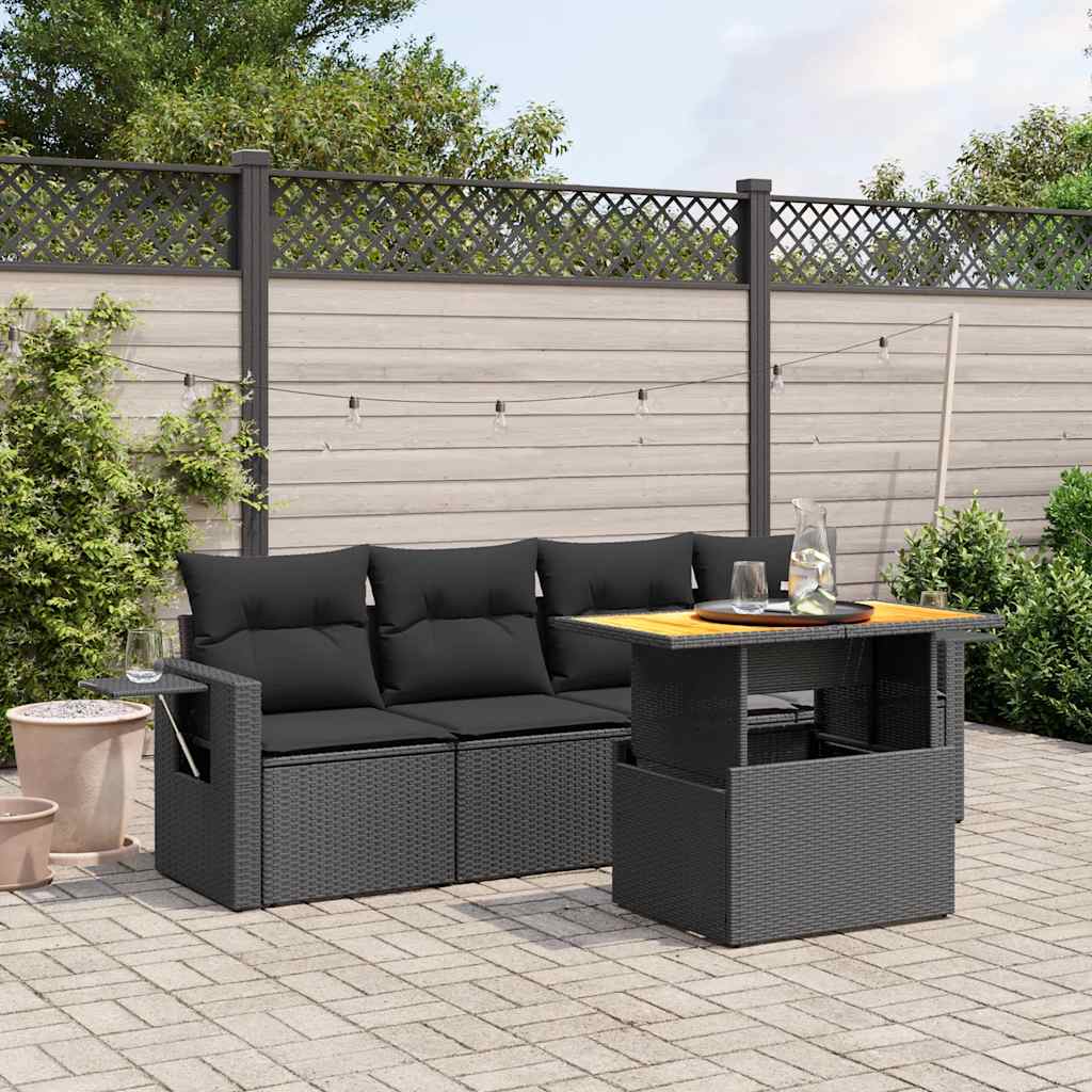 5-tlg. Garten-Sofagarnitur mit Kissen Schwarz Poly Rattan