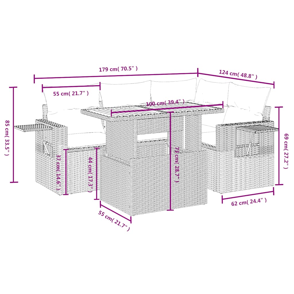 5-tlg. Garten-Sofagarnitur mit Kissen Schwarz Poly Rattan