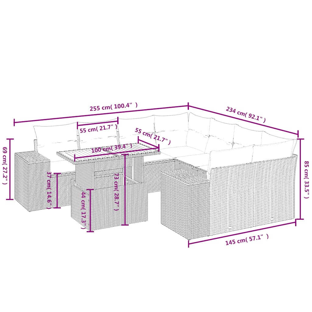 9-tlg. Garten-Sofagarnitur mit Kissen Schwarz Poly Rattan