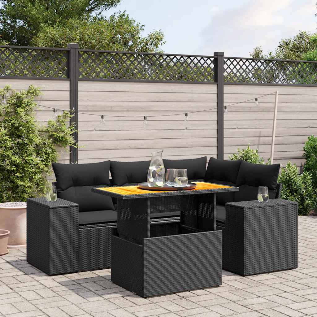 5-tlg. Garten-Sofagarnitur mit Kissen Schwarz Poly Rattan