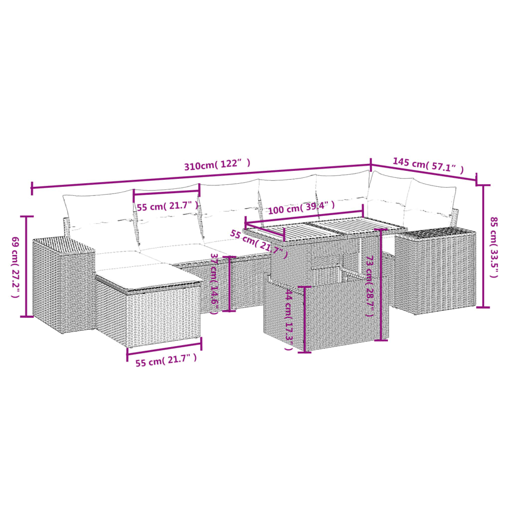 8-tlg. Garten-Sofagarnitur mit Kissen Schwarz Poly Rattan