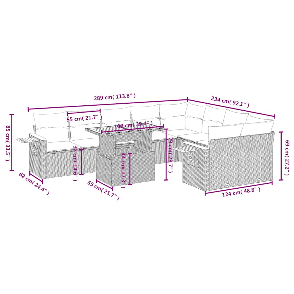 10-tlg. Garten-Sofagarnitur mit Kissen Schwarz Poly Rattan