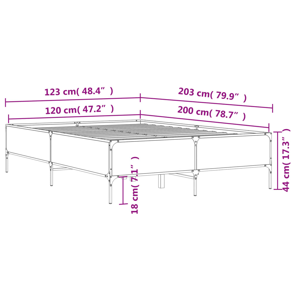 Bettgestell Grau Sonoma 120x200 cm Holzwerkstoff und Metall