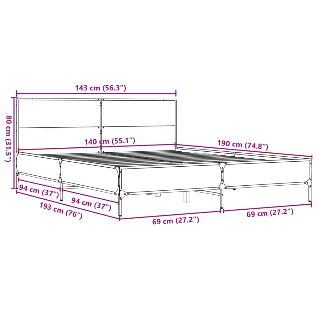 Bettgestell Räuchereiche 140x190 cm Holzwerkstoff und Metall