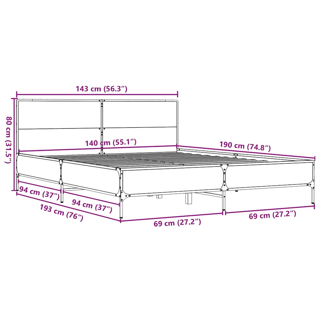 Bettgestell Grau Sonoma 140x190 cm Holzwerkstoff und Metall