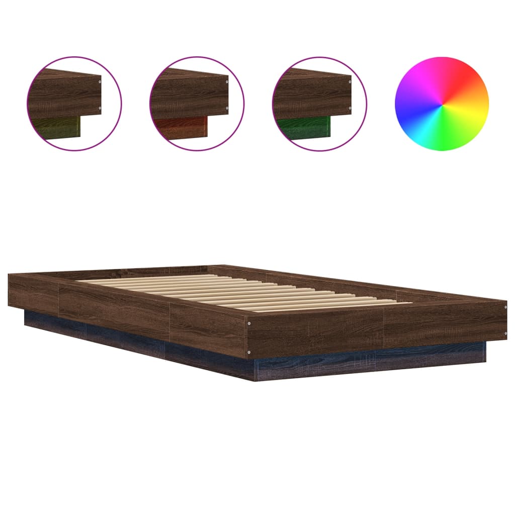 Bettgestell mit LED Braun Eichen-Optik 75x190 cm Holzwerkstoff