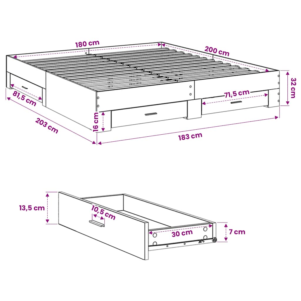 Bettgestell mit Schubladen Grau Sonoma 180x200cm Holzwerkstoff