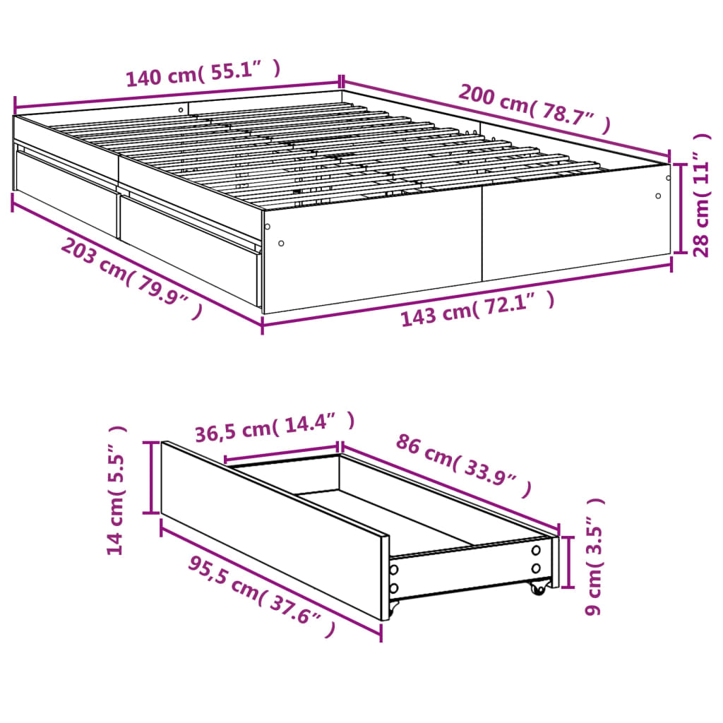 Bettgestell mit Schubladen Grau Sonoma 140x200 cm Holzwerkstoff