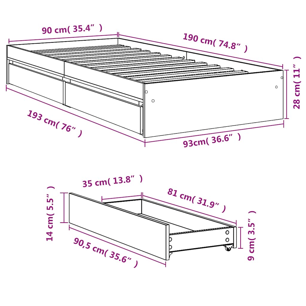 Bettgestell mit Schubladen Grau Sonoma 90x190 cm Holzwerkstoff