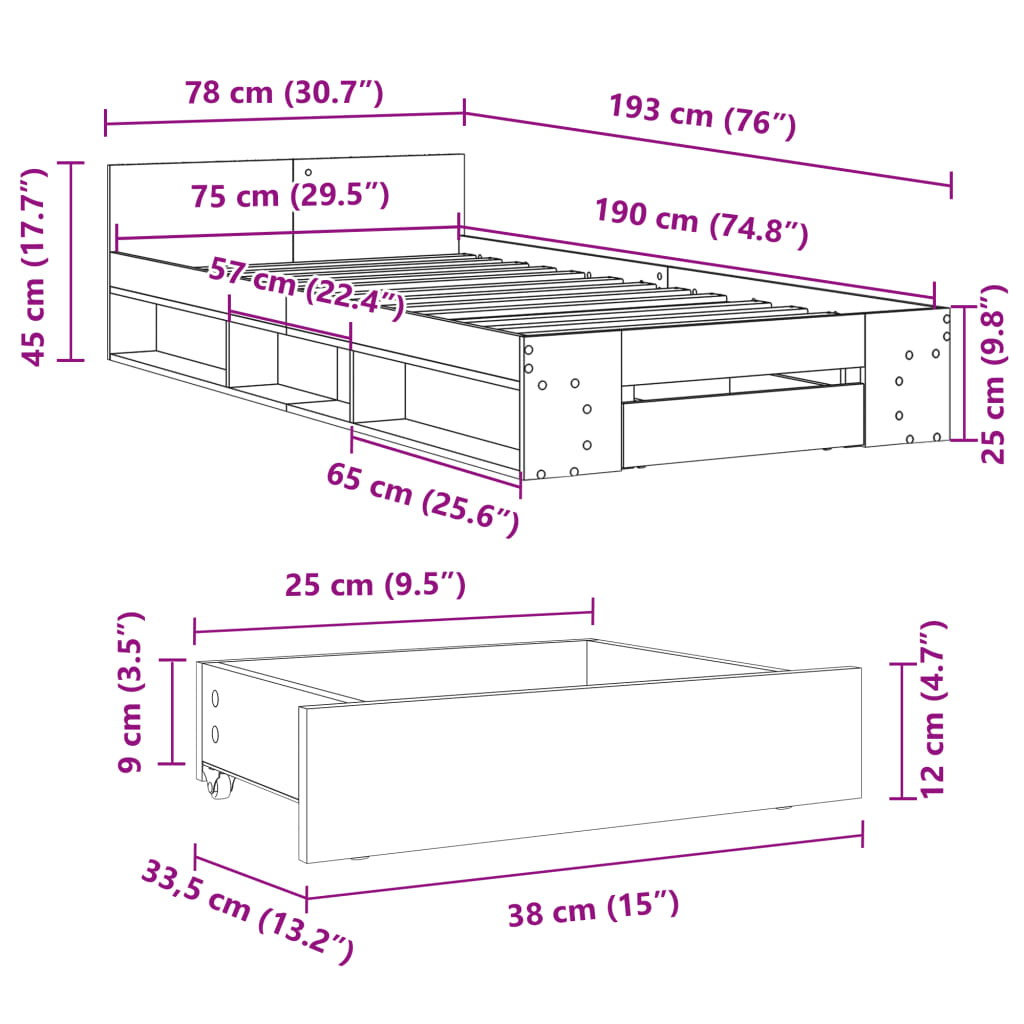 Bettgestell mit Schublade Grau Sonoma 75x190 cm Holzwerkstoff