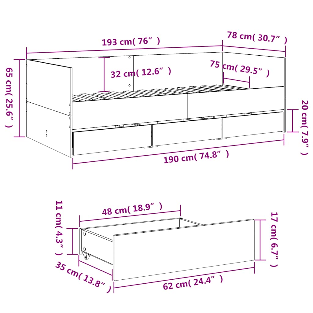 Tagesbett mit Schubladen ohne Matratze Räuchereiche 75x190 cm