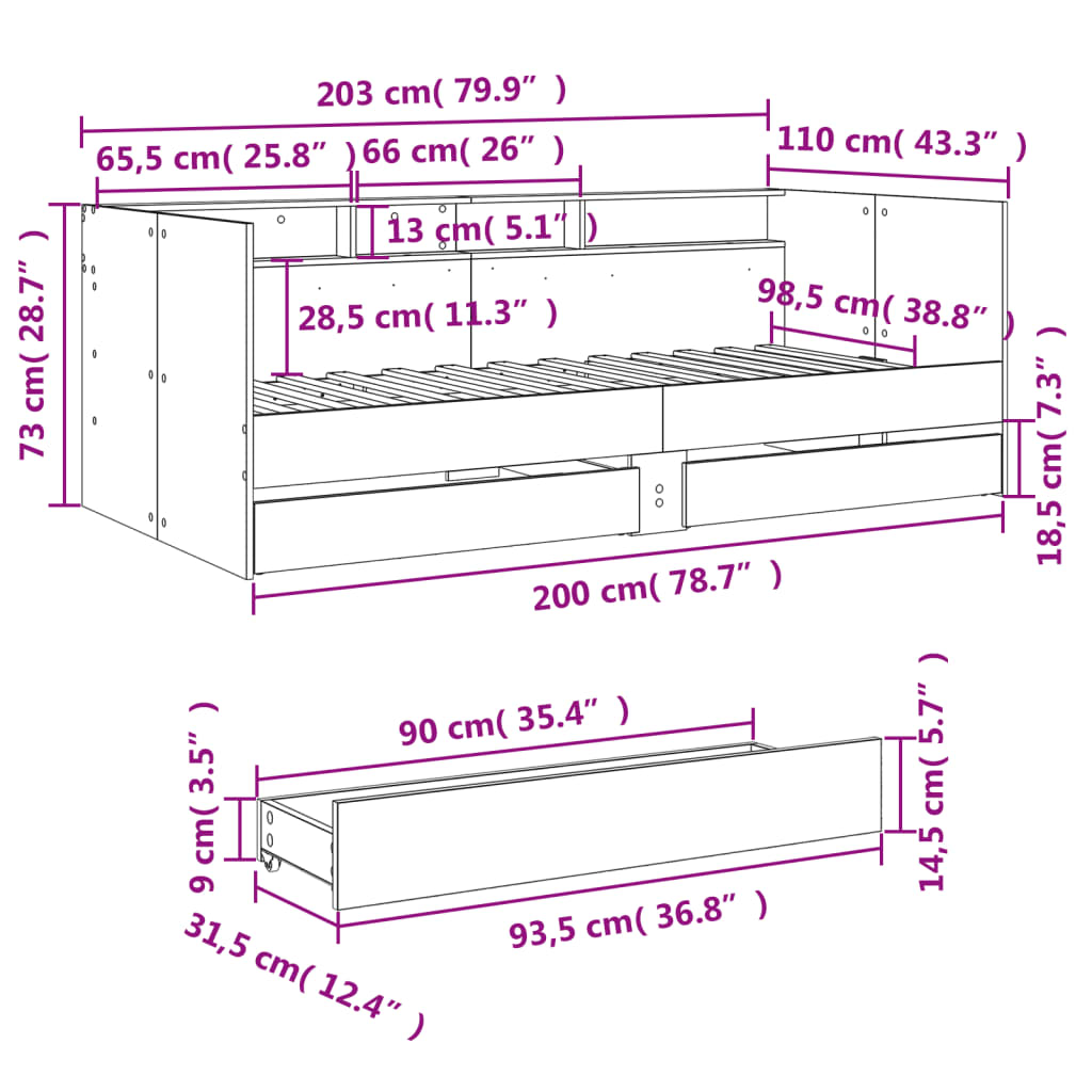 Tagesbett mit Schubladen ohne Matratze Grau Sonoma 100x200 cm