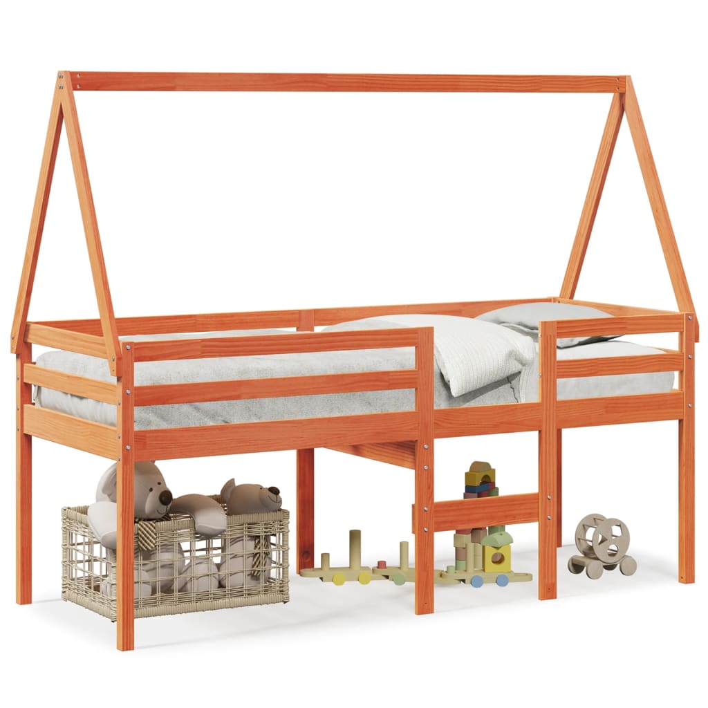 Hochbett mit Dach Wachsbraun 75x190 cm Massivholz Kiefer