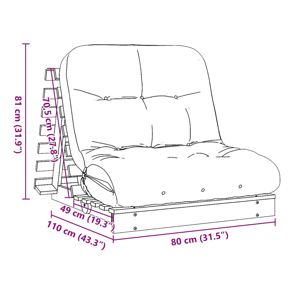 Futon Schlafsofa mit Matratze Braun 80x206x11 Massivholz Kiefer