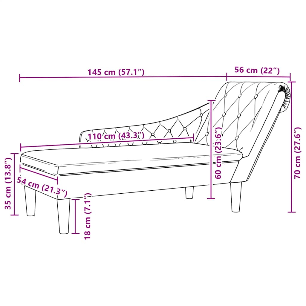 Chaiselongue mit Kissen und Rechter Armlehne Creme Stoff