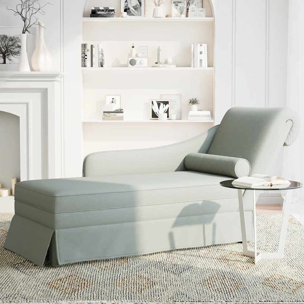 Chaiselongue mit Nackenrolle und Rechter Armlehne Hellgrau Samt