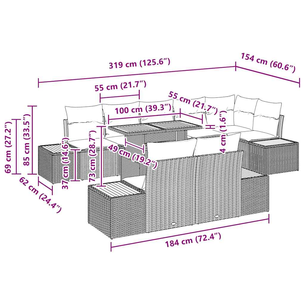 Garten Essgruppe mit Kissen 9 pcs Grau und Braun
