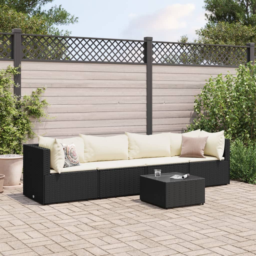5-tlg. Garten-Lounge-Set mit Kissen Schwarz Poly Rattan