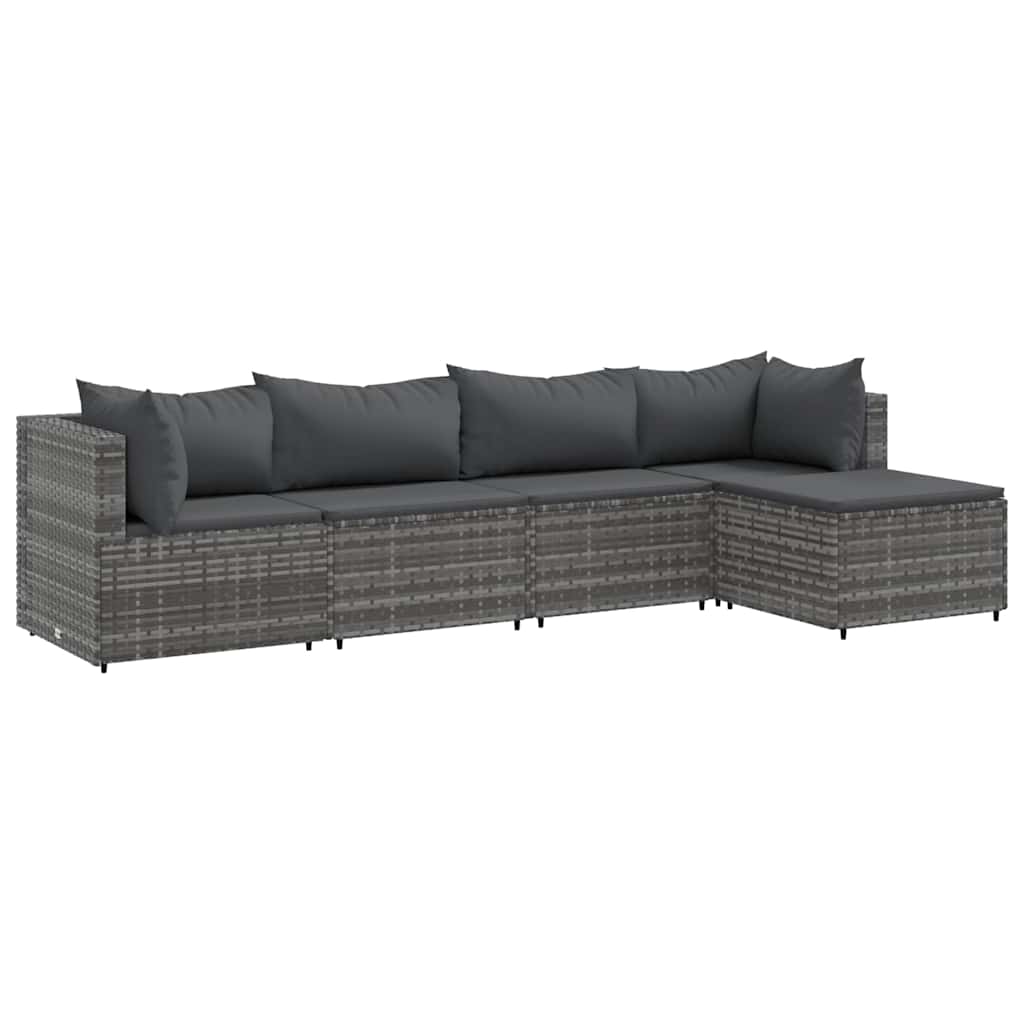 5-tlg. Garten-Lounge-Set mit Kissen Grau Poly Rattan