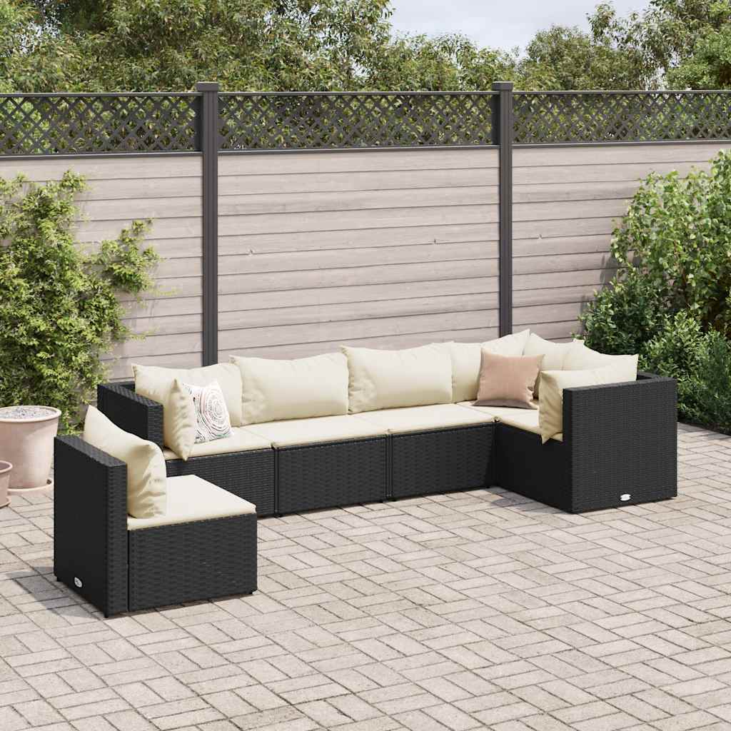 6-tlg. Garten-Lounge-Set mit Kissen Schwarz Poly Rattan