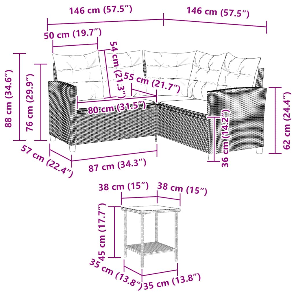 Gartensofa in L-Form mit Tisch und Kissen Beige Poly Rattan