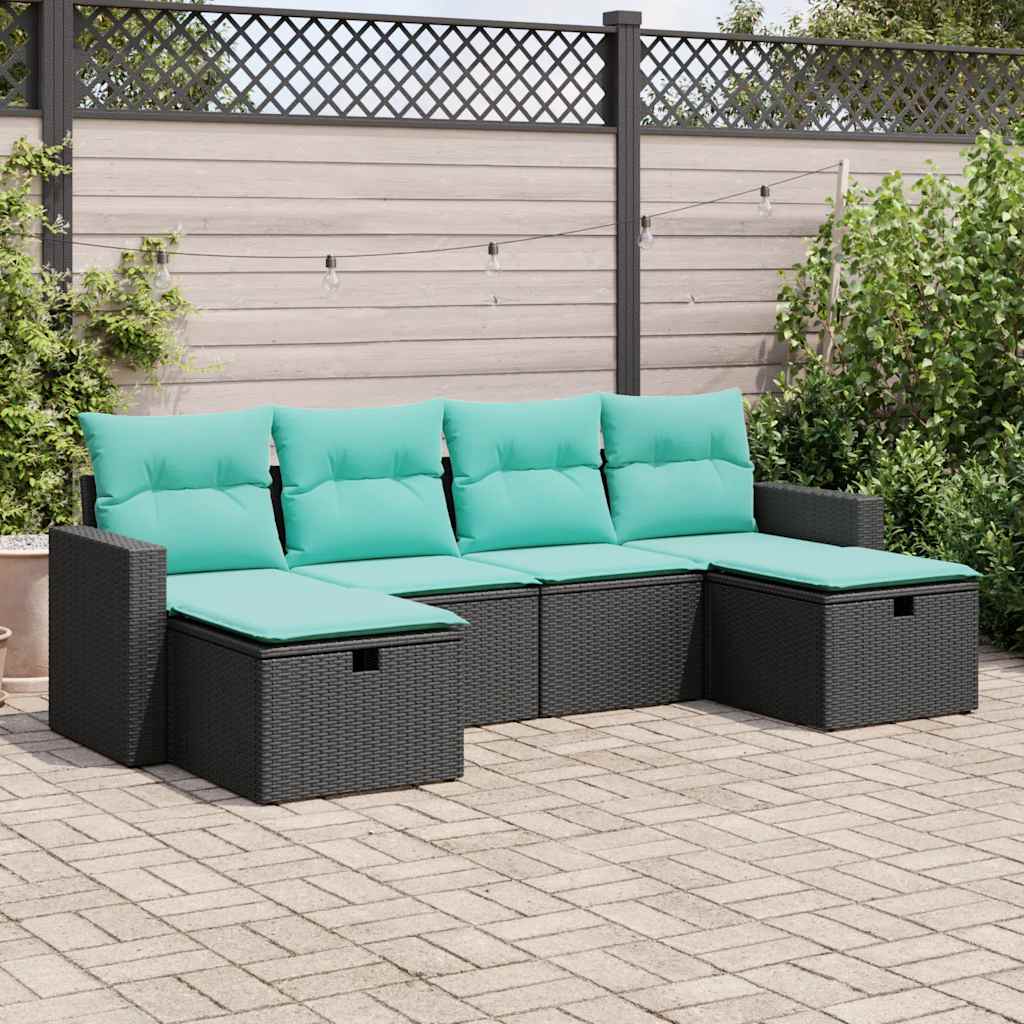 6-tlg. Garten-Sofagarnitur mit Kissen Schwarz Poly Rattan