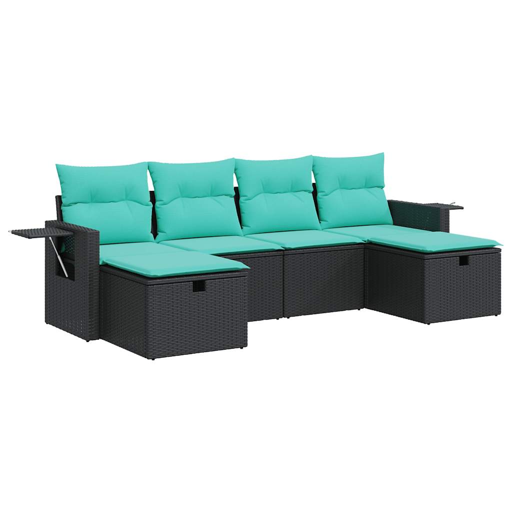 6-tlg. Garten-Sofagarnitur mit Kissen Schwarz Poly Rattan