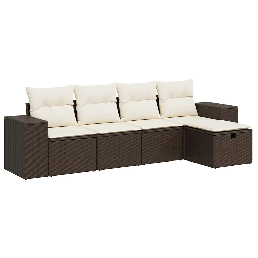 5-tlg. Garten-Sofagarnitur mit Kissen Braun Poly Rattan