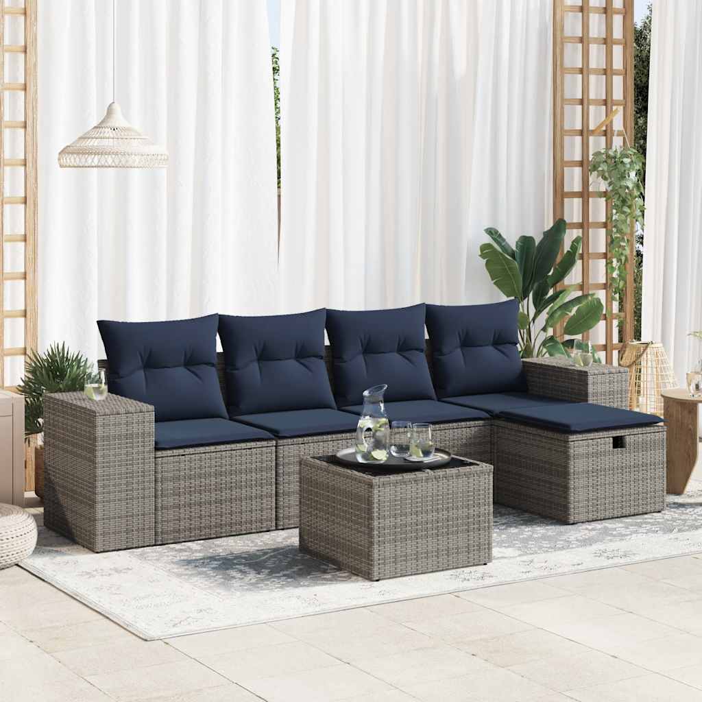 6-tlg. Garten-Sofagarnitur mit Kissen Grau Poly Rattan