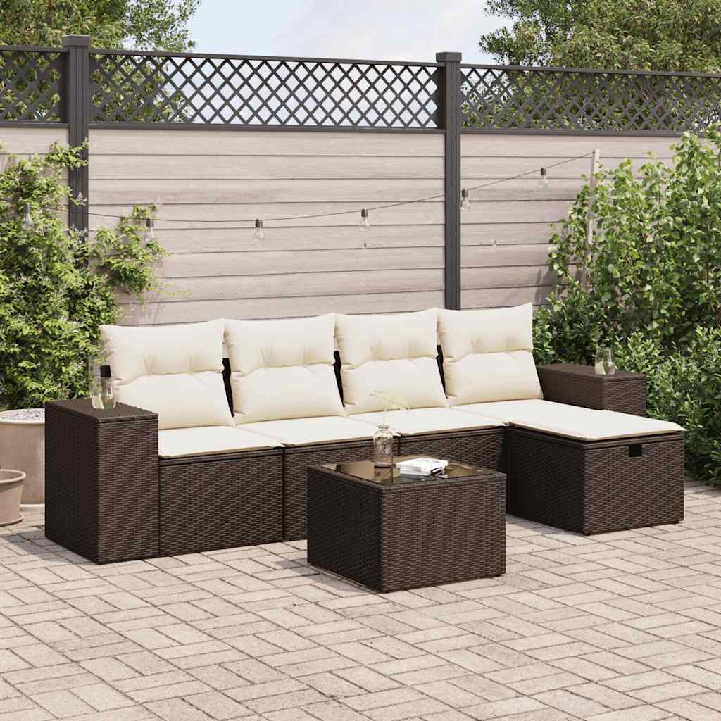 6-tlg. Garten-Sofagarnitur mit Kissen Braun Poly Rattan