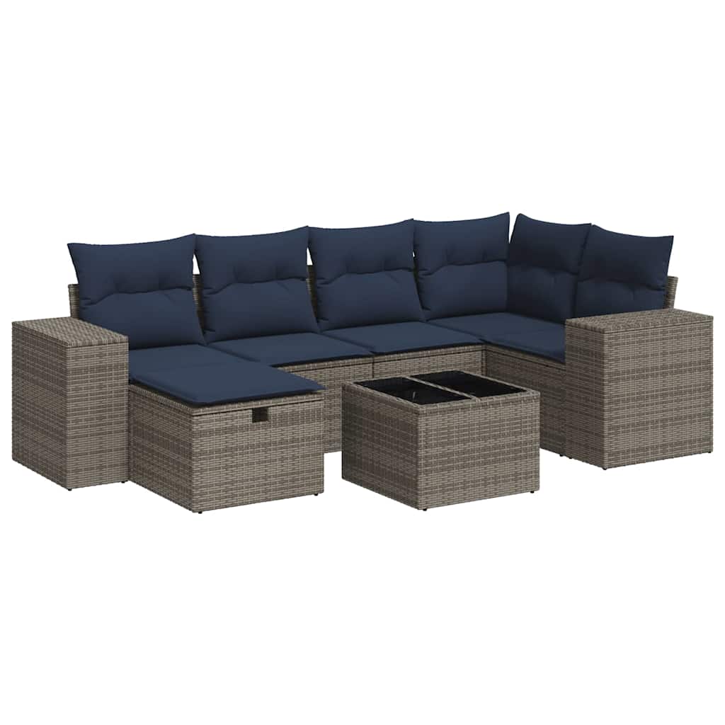 7-tlg. Garten-Sofagarnitur mit Kissen Grau Poly Rattan