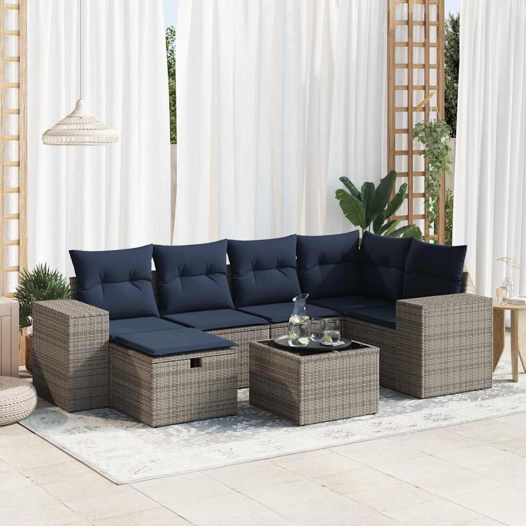 7-tlg. Garten-Sofagarnitur mit Kissen Grau Poly Rattan