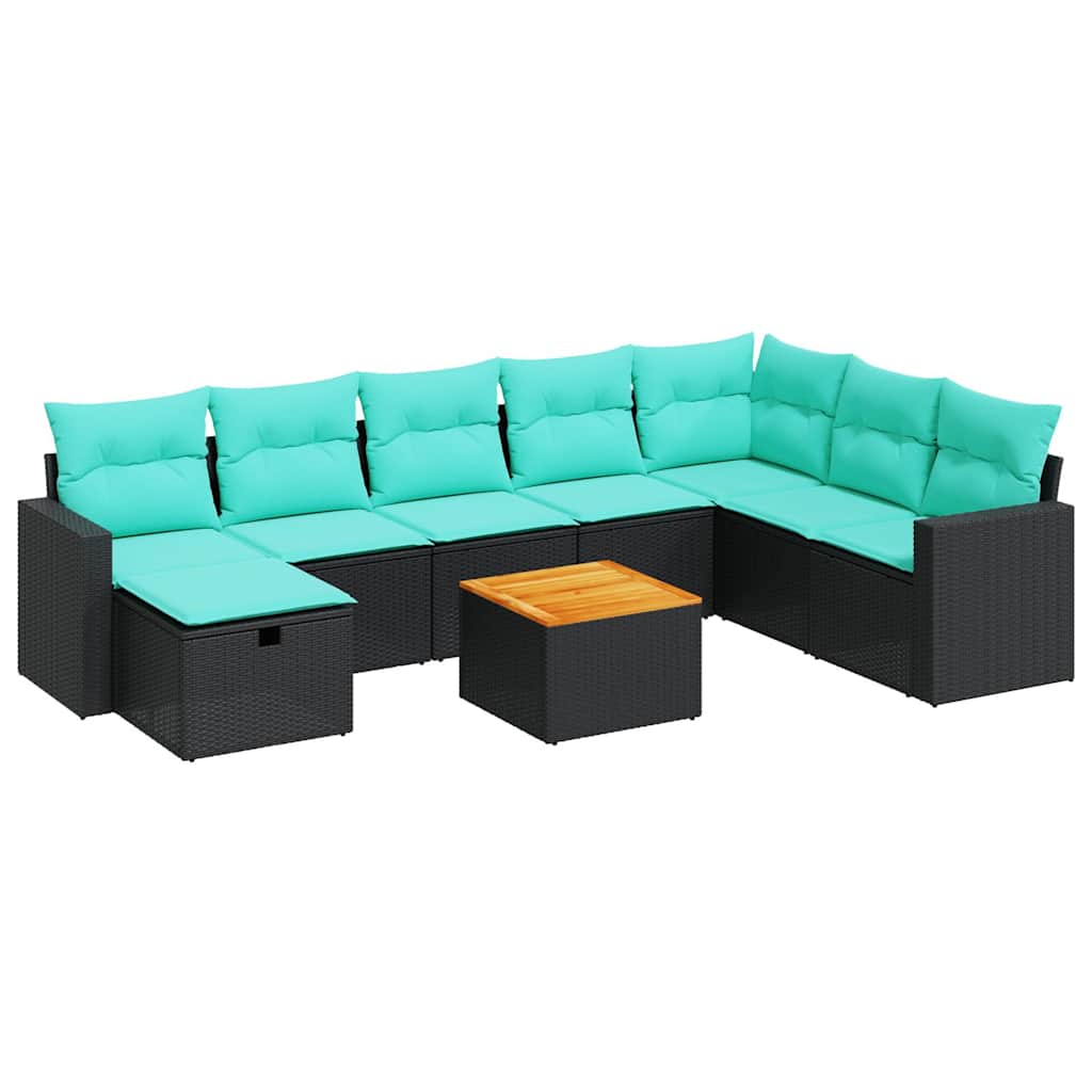 9-tlg. Garten-Sofagarnitur mit Kissen Schwarz Poly Rattan