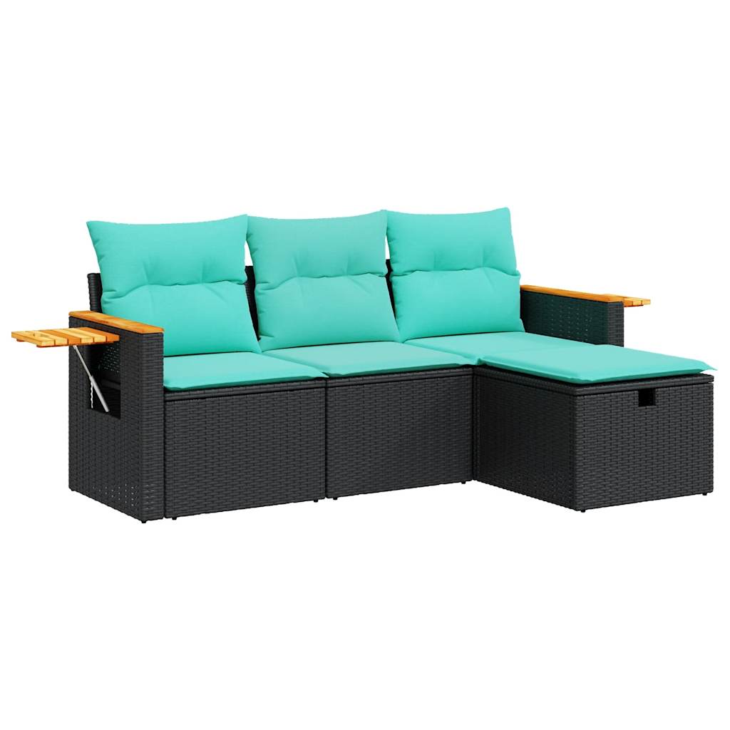 4-tlg. Garten-Sofagarnitur mit Kissen Schwarz Poly Rattan