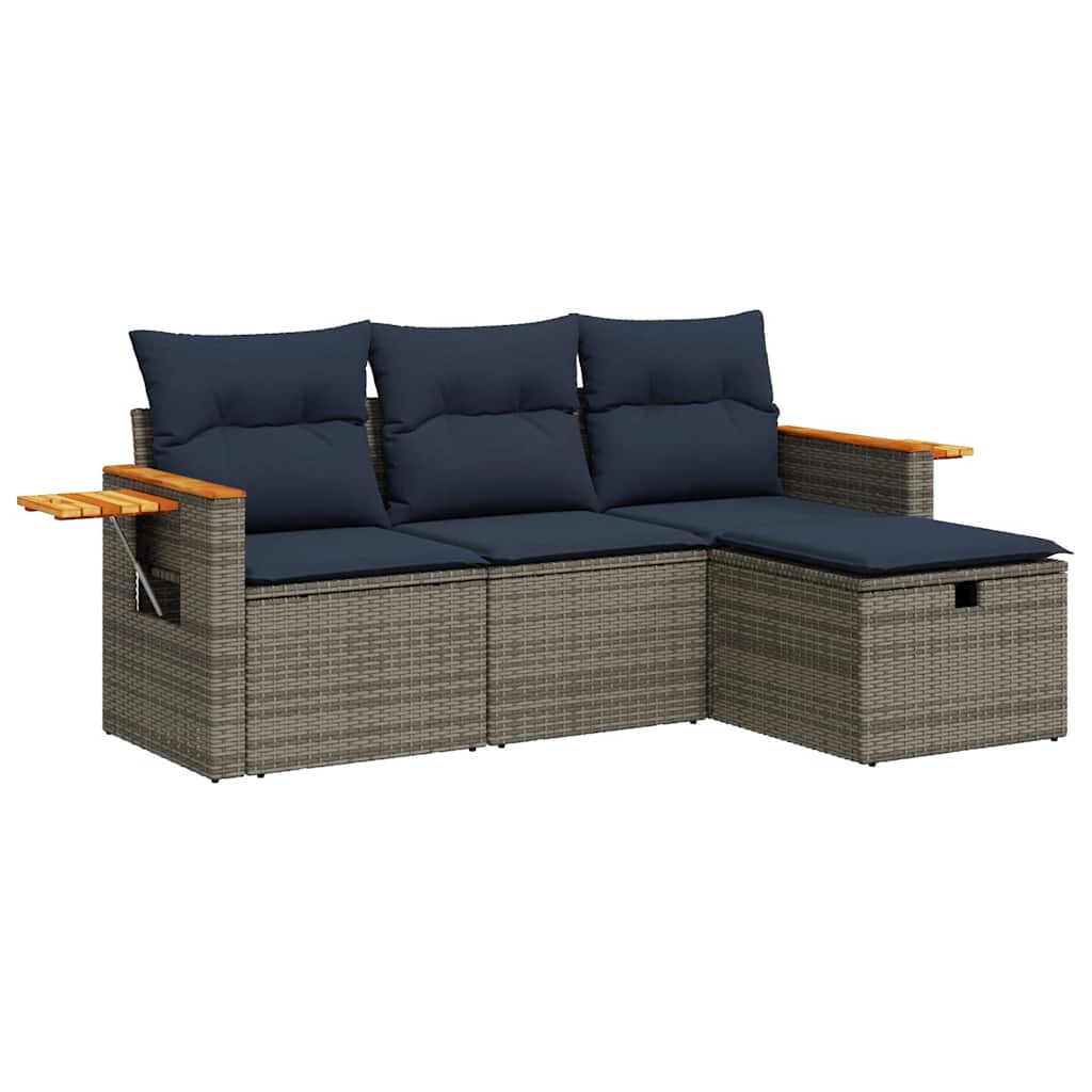 4-tlg. Garten-Sofagarnitur mit Kissen Grau Poly Rattan