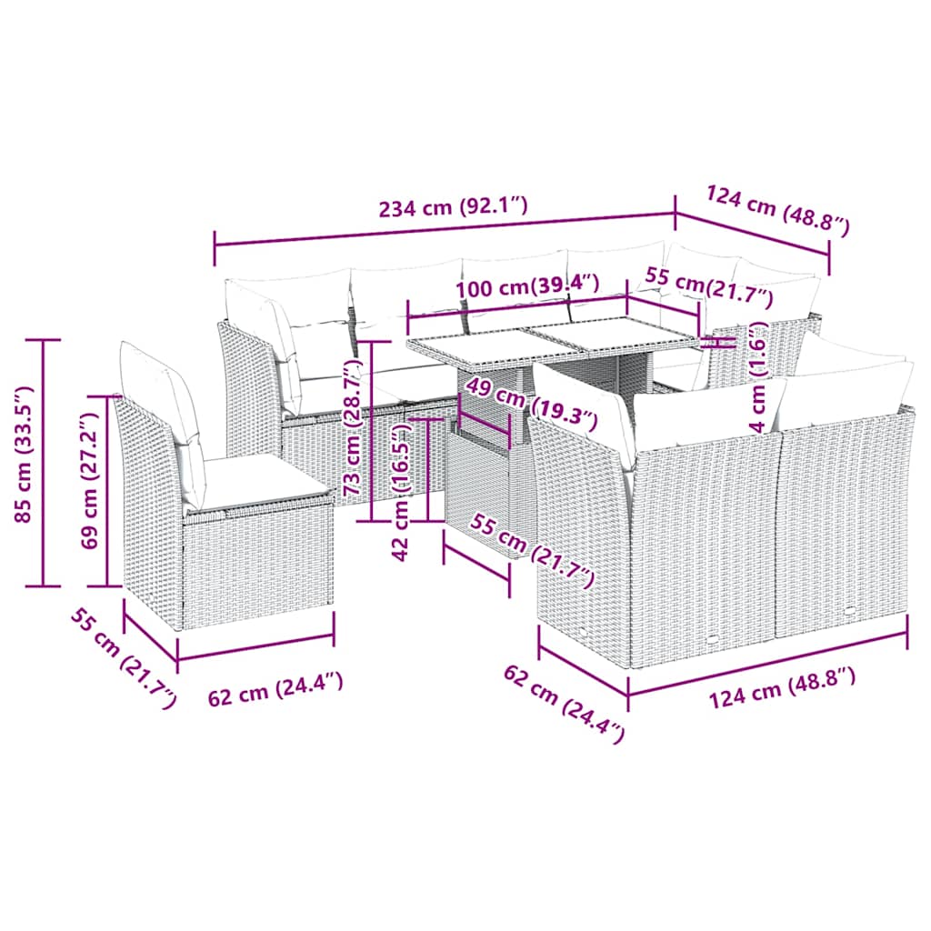 9-tlg. Garten-Sofagarnitur mit Kissen Grau Poly Rattan