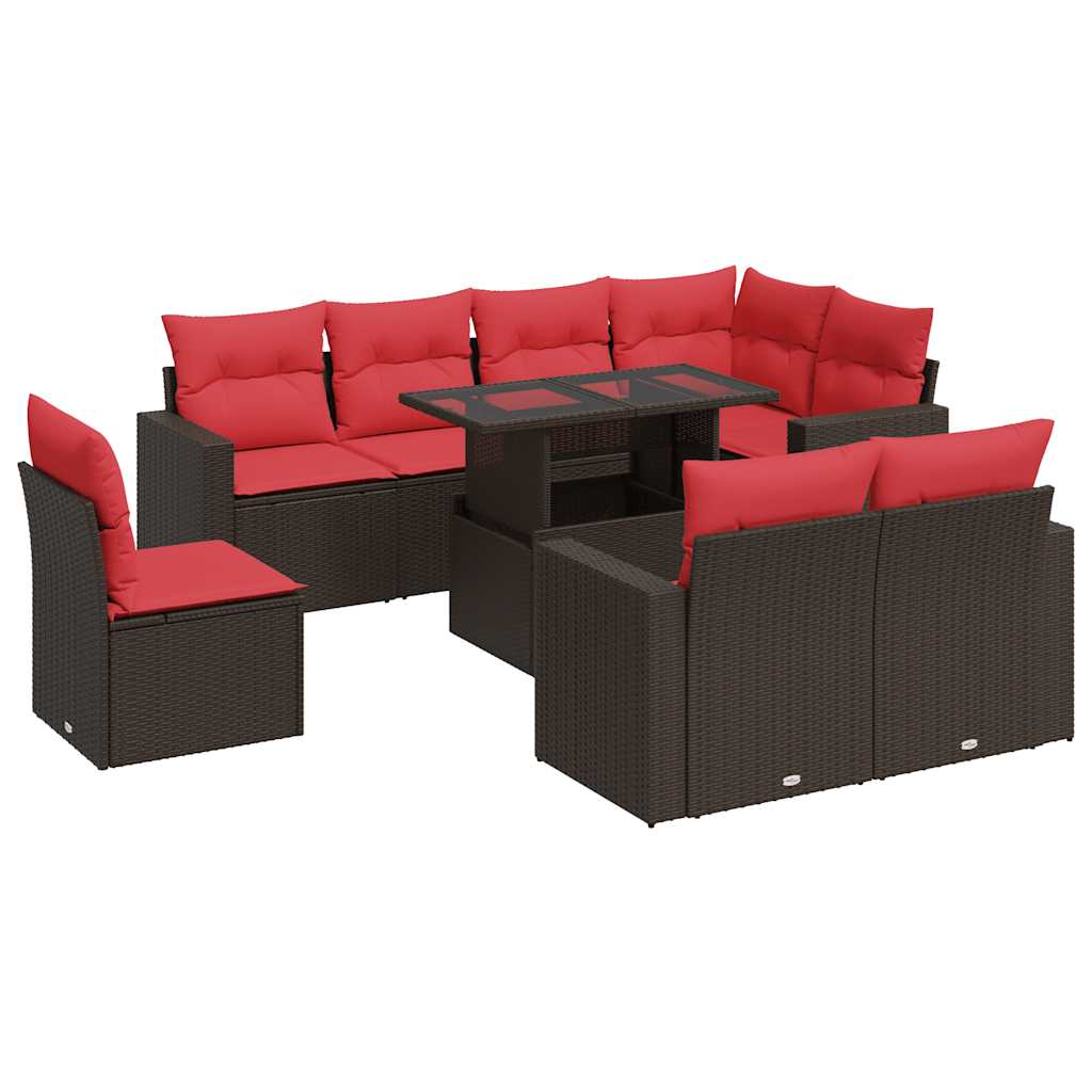 9-tlg. Garten-Sofagarnitur mit Kissen Braun Poly Rattan Akazie