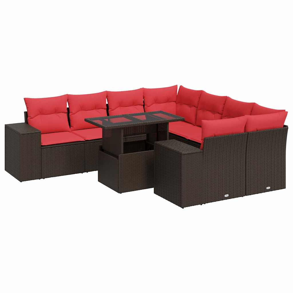 9-tlg. Garten-Sofagarnitur mit Kissen Braun Poly Rattan Akazie
