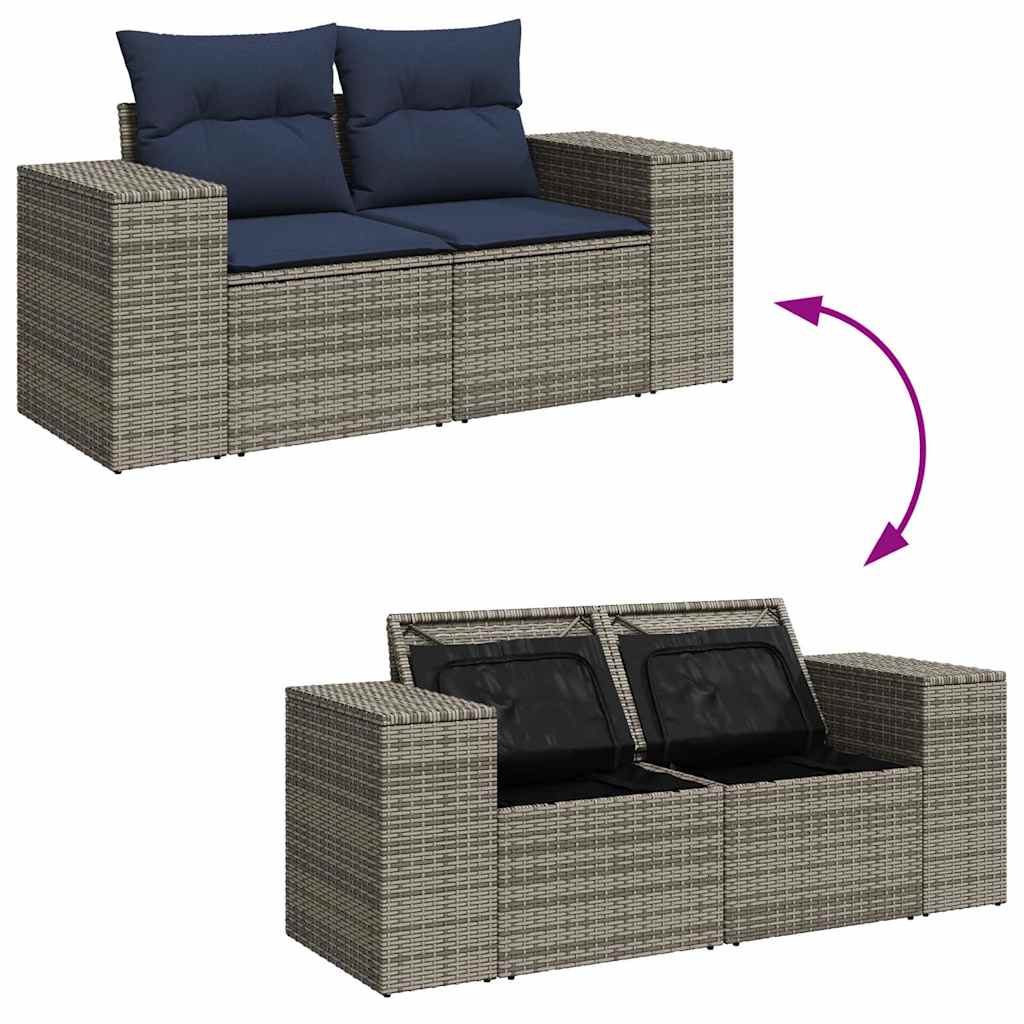 10-tlg. Garten-Sofagarnitur mit Kissen Grau Poly Rattan Akazie