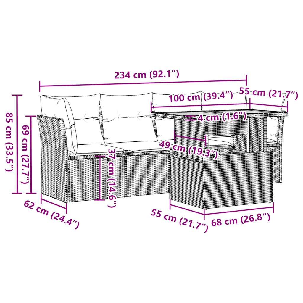 5-tlg. Garten-Sofagarnitur mit Kissen Beige Poly Rattan