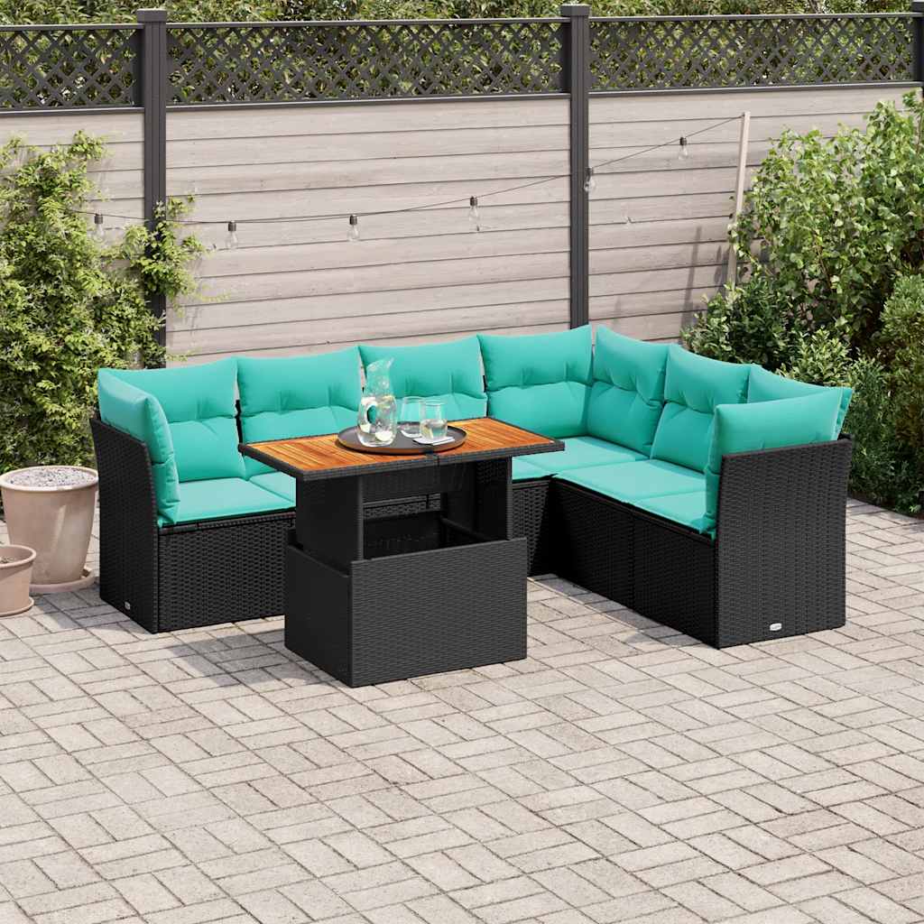 7-tlg. Garten-Sofagarnitur mit Kissen Schwarz Poly Rattan