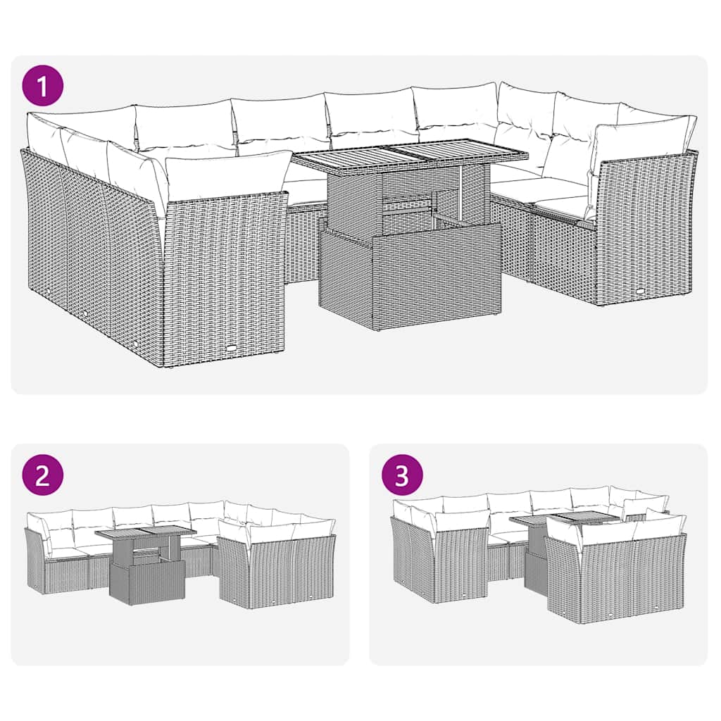 10-tlg. Garten-Sofagarnitur mit Kissen Grau Poly Rattan