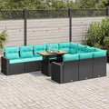 11-tlg. Garten-Sofagarnitur mit Kissen Schwarz Poly Rattan