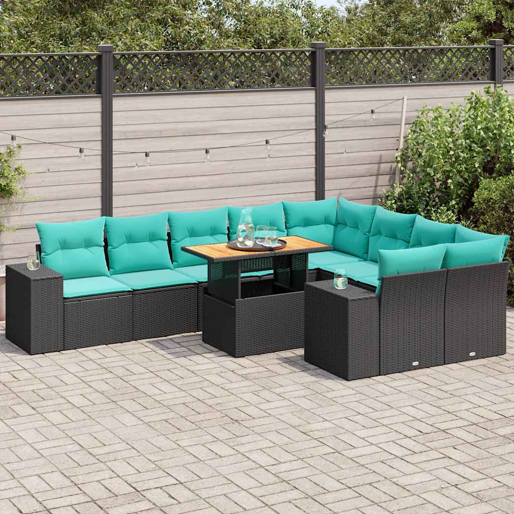 10-tlg. Garten-Sofagarnitur mit Kissen Schwarz Poly Rattan