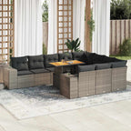 10-tlg. Garten-Sofagarnitur mit Kissen Grau Poly Rattan Akazie