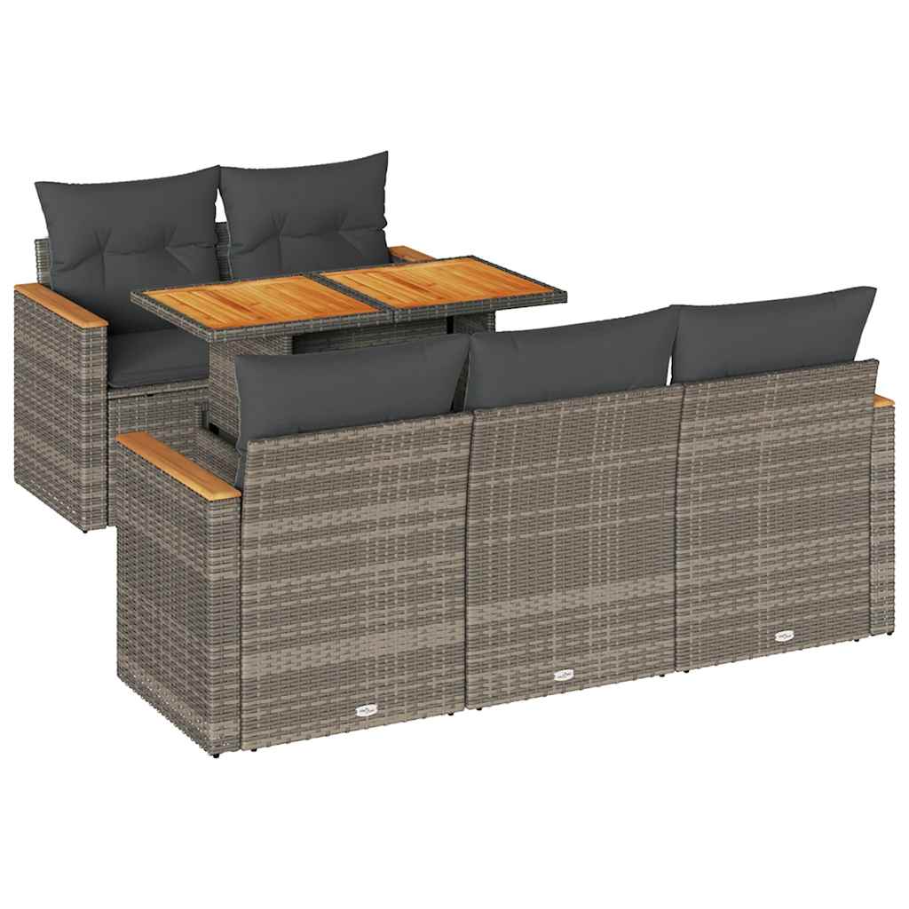 6-tlg. Garten-Sofagarnitur mit Kissen Grau Poly Rattan Akazie