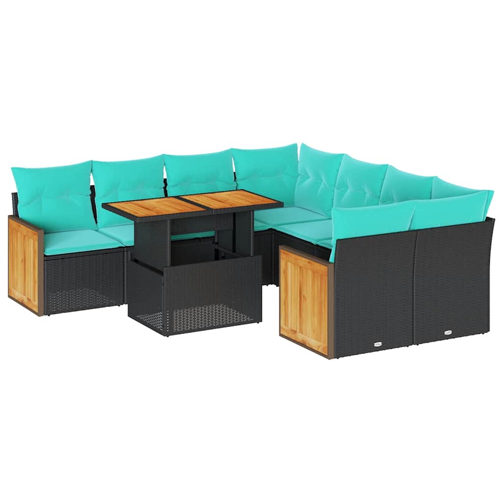 9-tlg. Garten-Sofagarnitur mit Kissen Schwarz Poly Rattan