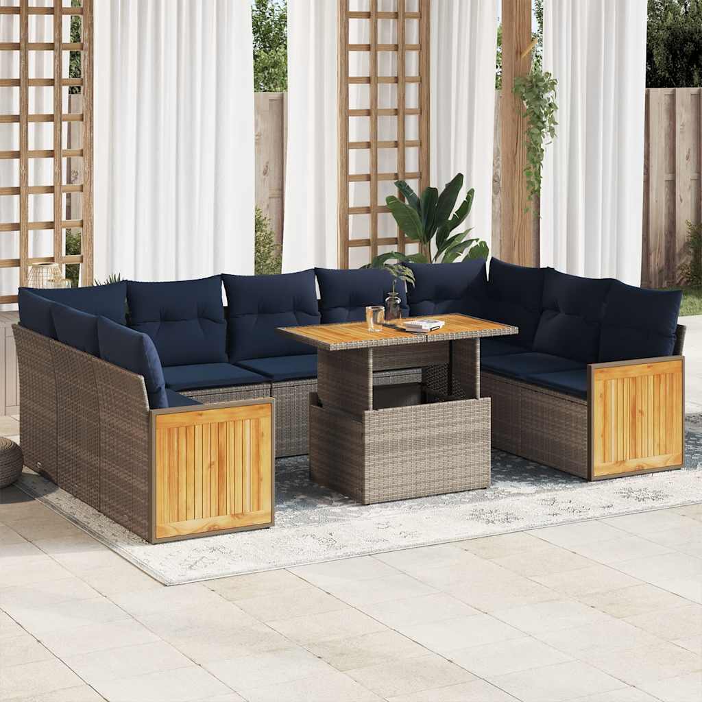 10-tlg. Garten-Sofagarnitur mit Kissen Grau Poly Rattan Akazie